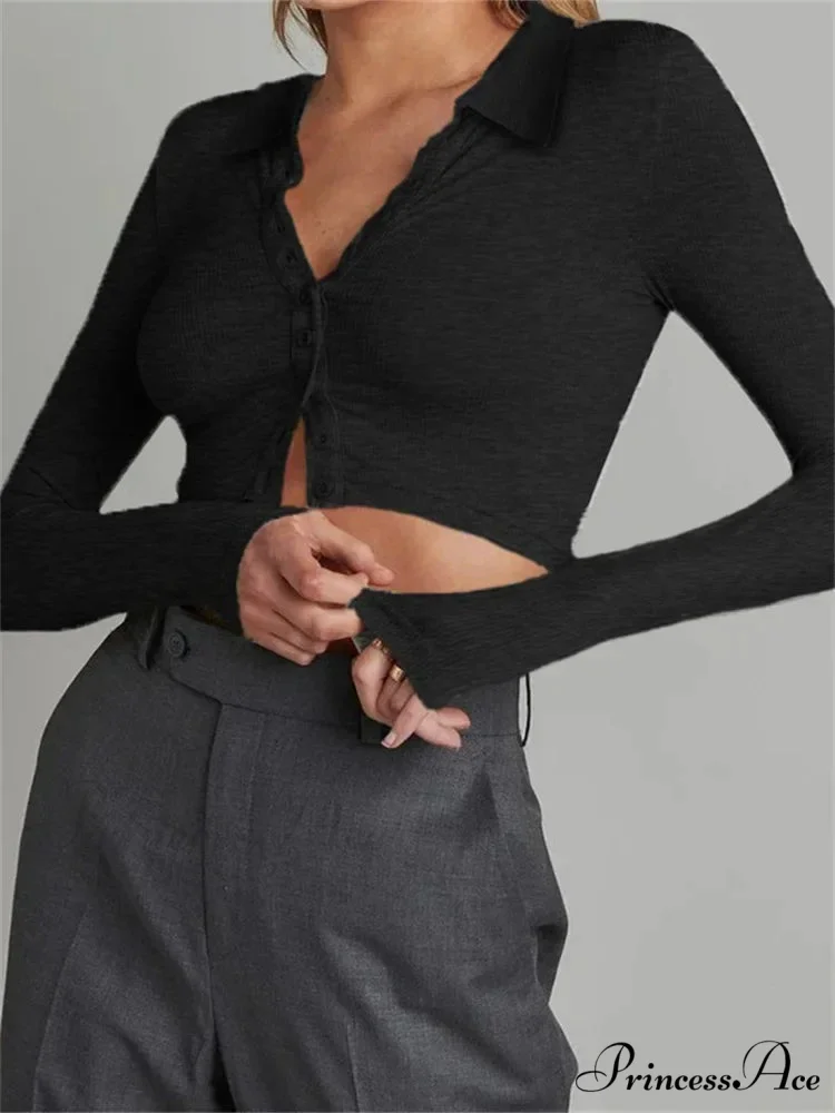 Solid Color Long Sleeve Basic Cropped Ribbed T-shirts - Image 2