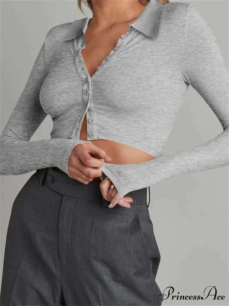Solid Color Long Sleeve Basic Cropped Ribbed T-shirts - Image 5