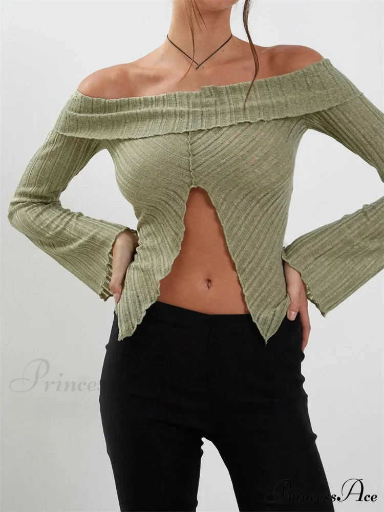 Slash Neck Off Shoulder Solid Color Slim Fit T-Shirts - Image 2