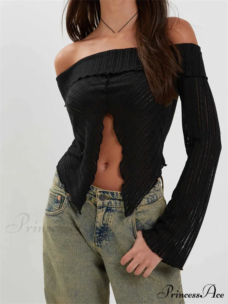 Slash Neck Off Shoulder Solid Color Slim Fit T-Shirts - Image 4