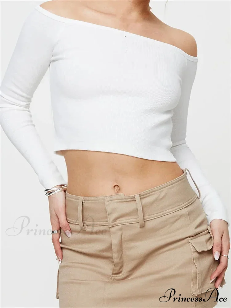 Long Sleeve Off-shoulder Solid Slim Fit Ribbed Hollow Out T-Shirts - Image 4