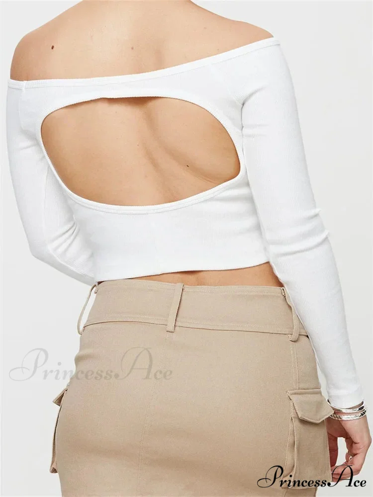 Long Sleeve Off-shoulder Solid Slim Fit Ribbed Hollow Out T-Shirts - Image 6