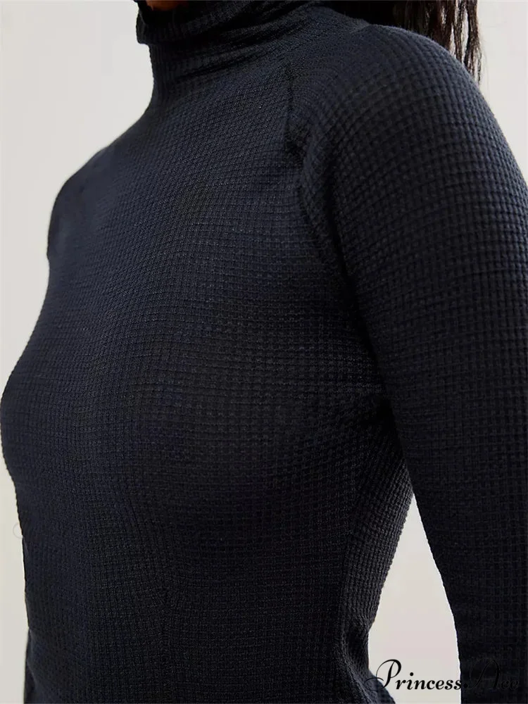 Slim Fit Solid Color Long Sleeve High Neck Casual T-Shirts - Image 3
