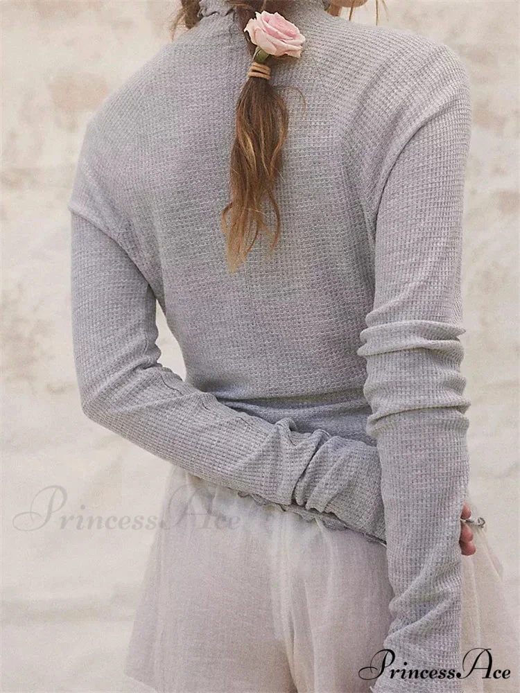 Slim Fit Solid Color Long Sleeve High Neck Casual T-Shirts - Image 5