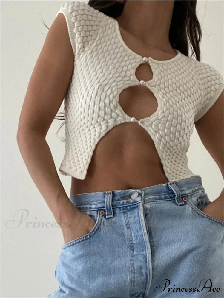 Short Sleeve Ruched O-Neck Buttons Up Y2K Knitted Crop T-shirts - Image 2