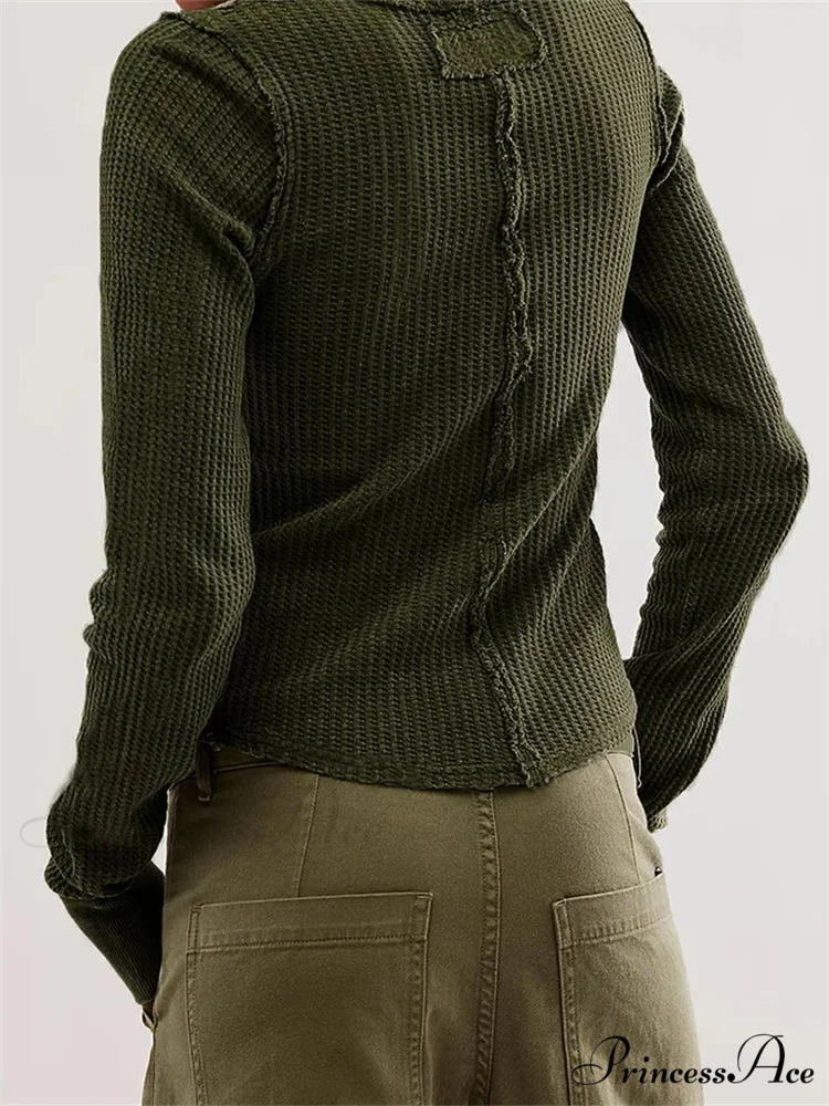 Solid Color Slim Fit Ruched Long Sleeve Basic T-Shirts - Image 2
