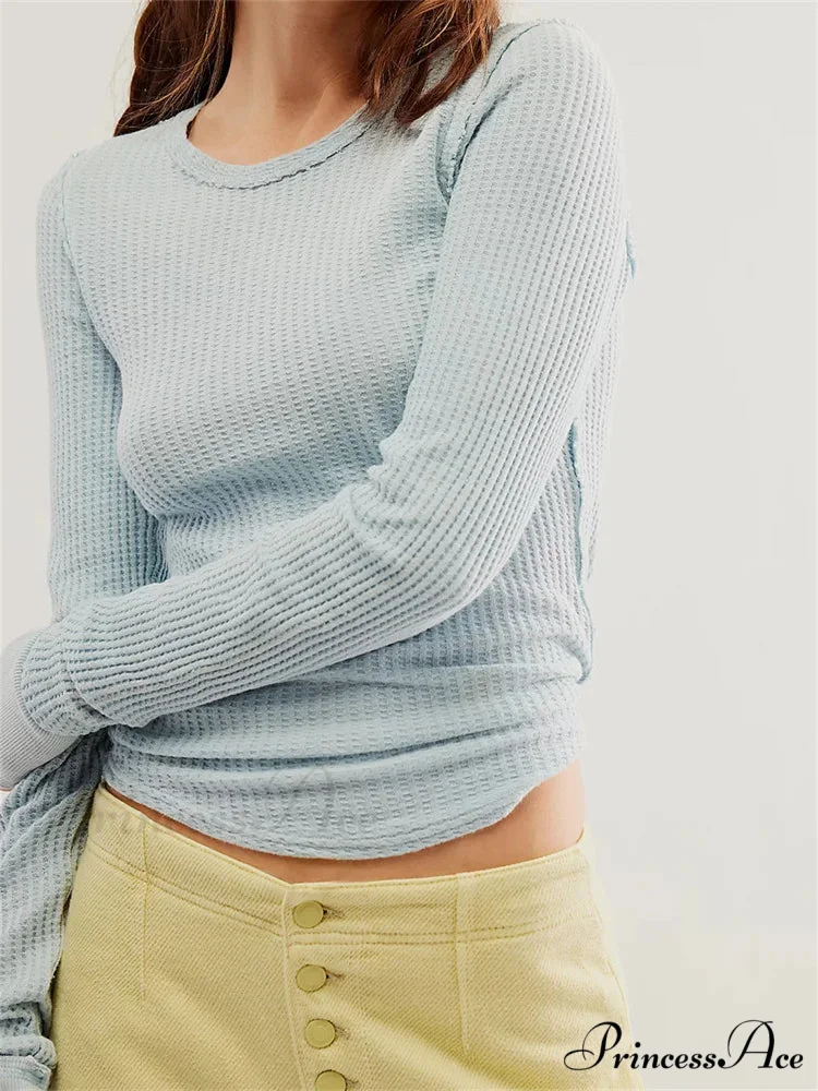 Solid Color Slim Fit Ruched Long Sleeve Basic T-Shirts - Image 3