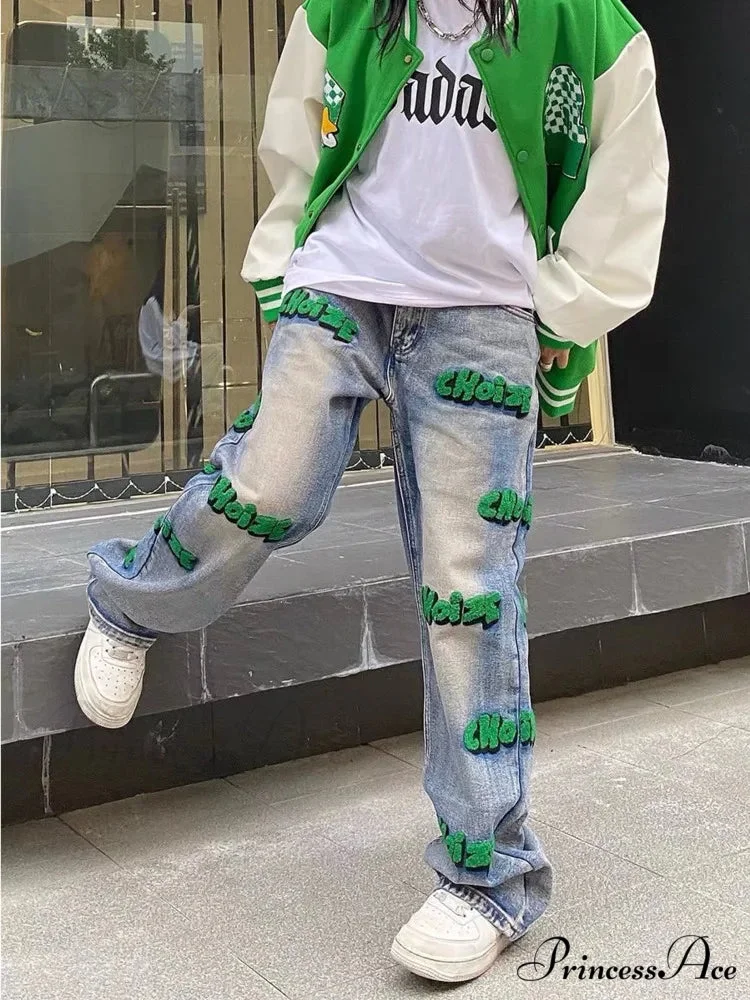 Embroidery Hiphop Flocking Autumn Wide-leg Fashion High Waist Style Pants Jean - Image 2