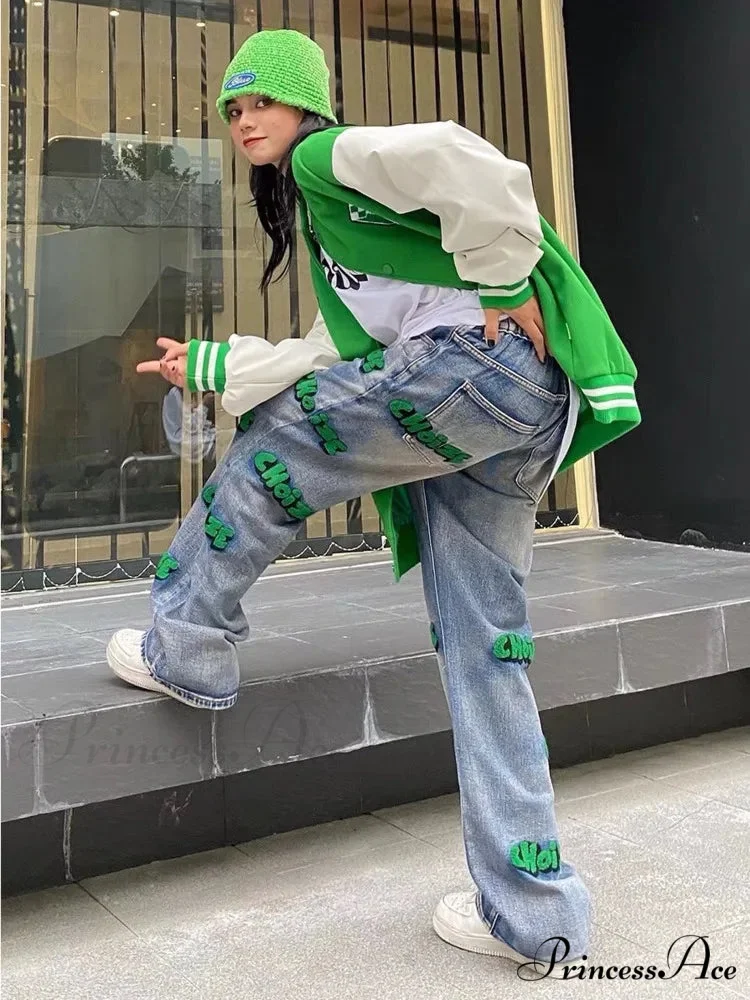 Embroidery Hiphop Flocking Autumn Wide-leg Fashion High Waist Style Pants Jean - Image 3