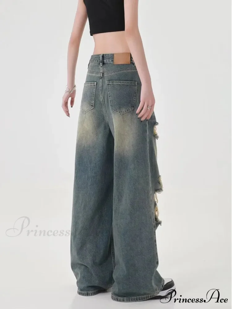 Perforated Women's Summer New INS Fashion Brand Straight Tube Loose Sweeping High Street Jean - Image 2