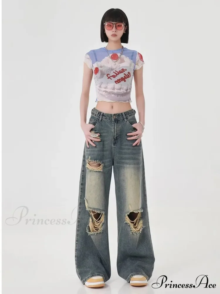 Perforated Women's Summer New INS Fashion Brand Straight Tube Loose Sweeping High Street Jean - Image 3