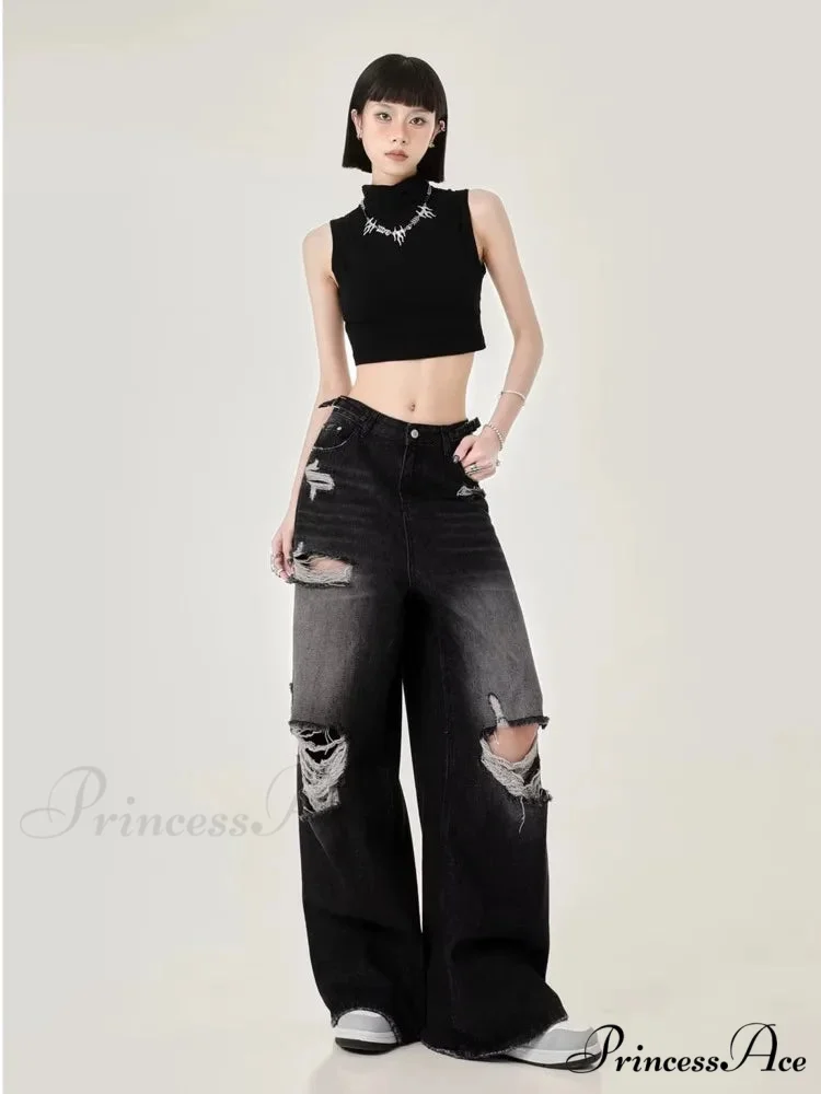 Perforated Women's Summer New INS Fashion Brand Straight Tube Loose Sweeping High Street Jean - Image 4