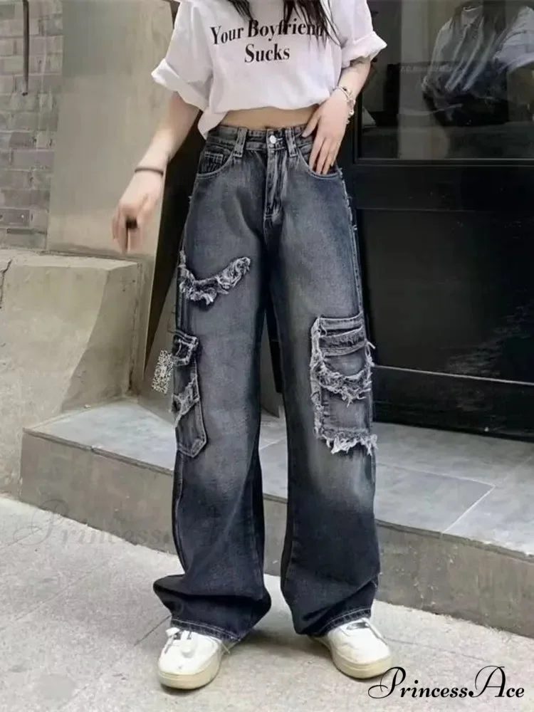 Summer Vintage Washed and Worn Out Versatile Straight Drop High Waist Wide Leg Women's Jean - Image 2