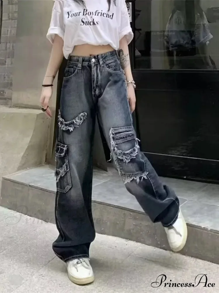Summer Vintage Washed and Worn Out Versatile Straight Drop High Waist Wide Leg Women's Jean - Image 3