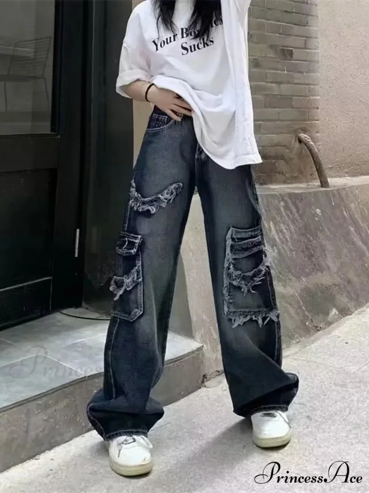 Summer Vintage Washed and Worn Out Versatile Straight Drop High Waist Wide Leg Women's Jean - Image 4