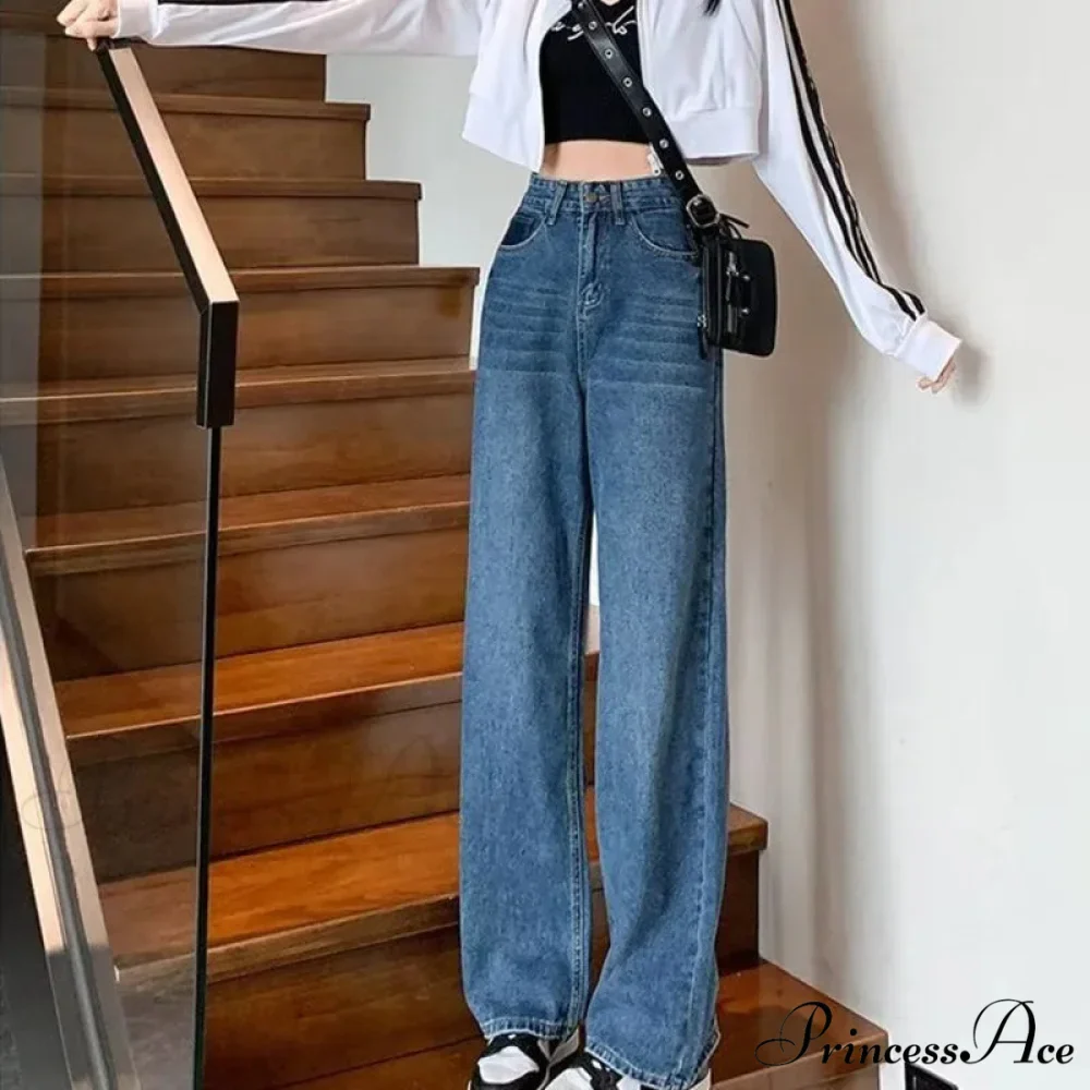 Natural Waist New Button Minimalist Trendy Summer Ins Wash Long Harajuku Wide Leg Black Jean - Image 2