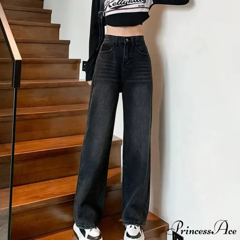 Natural Waist New Button Minimalist Trendy Summer Ins Wash Long Harajuku Wide Leg Black Jean - Image 5