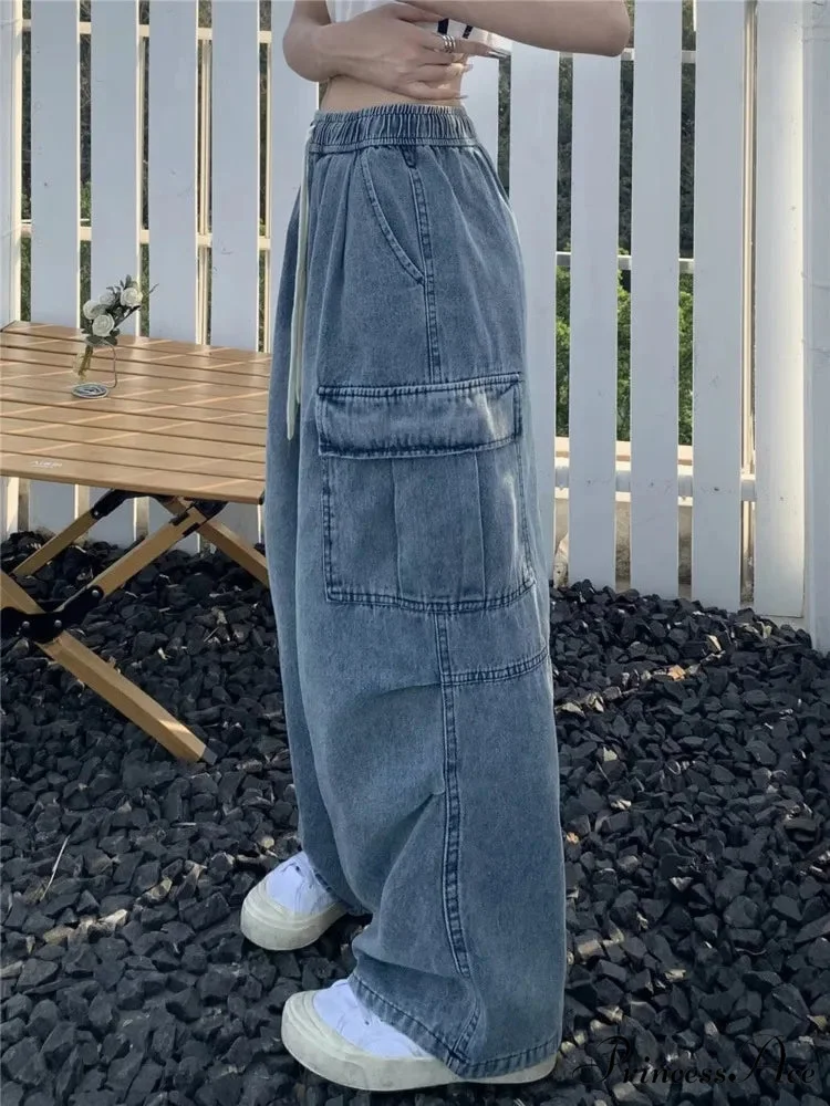 Retro Style Loose Multi Pocket Wide Leg Graffiti High Waist Straight Leg Women's Jean - Image 2