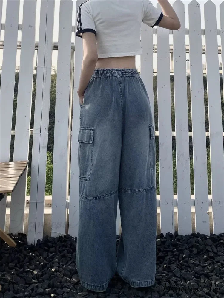 Retro Style Loose Multi Pocket Wide Leg Graffiti High Waist Straight Leg Women's Jean - Image 3