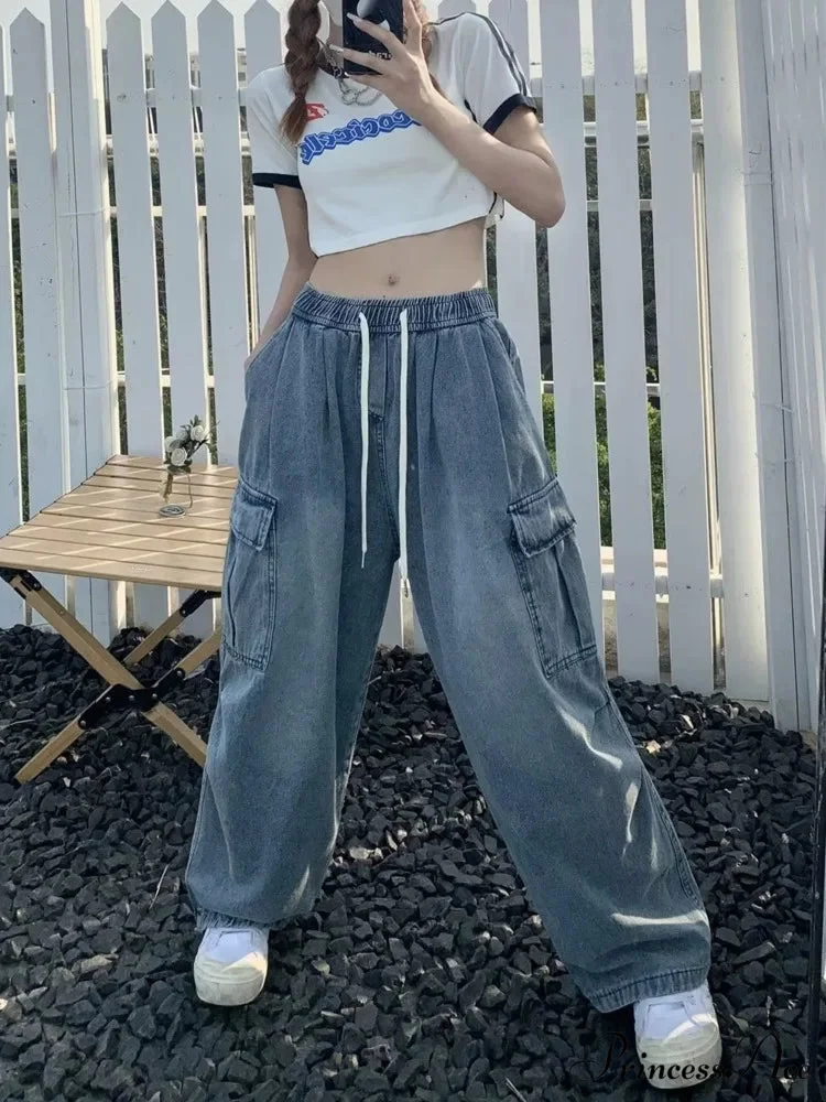Retro Style Loose Multi Pocket Wide Leg Graffiti High Waist Straight Leg Women's Jean - Image 4