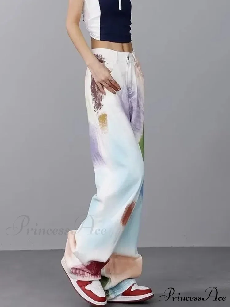 Personalized Graffiti High Waist Slim Hand-painted Painted Trendy Loose Straight Wide Leg Casual Jean - Image 2