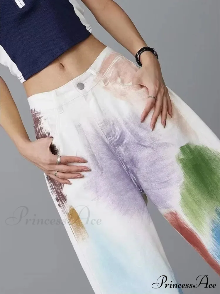 Personalized Graffiti High Waist Slim Hand-painted Painted Trendy Loose Straight Wide Leg Casual Jean - Image 3