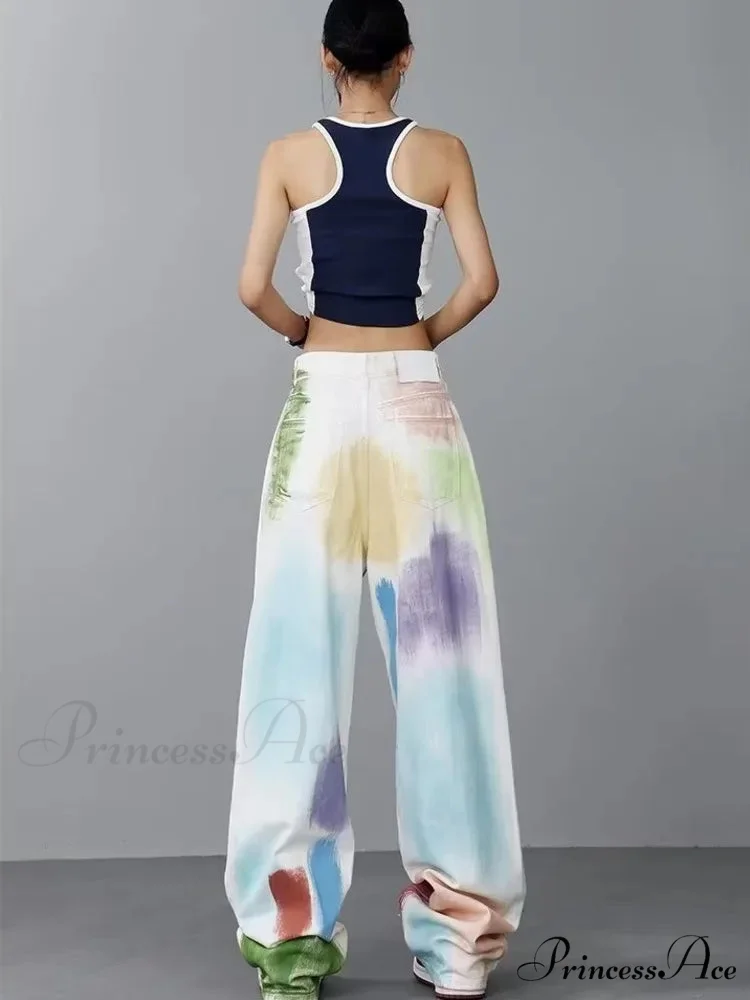 Personalized Graffiti High Waist Slim Hand-painted Painted Trendy Loose Straight Wide Leg Casual Jean - Image 4