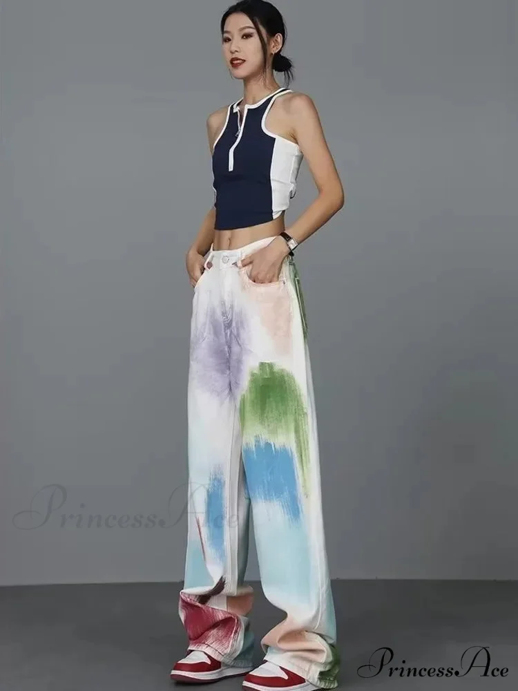 Personalized Graffiti High Waist Slim Hand-painted Painted Trendy Loose Straight Wide Leg Casual Jean - Image 5