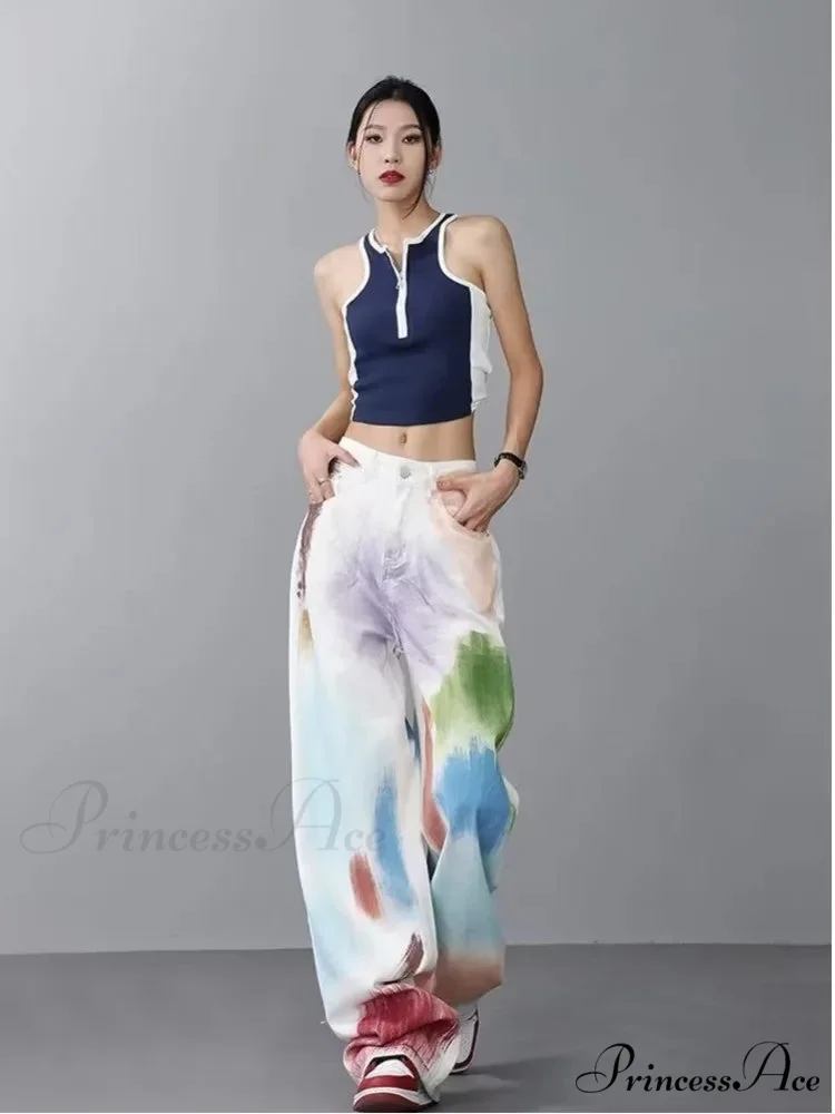 Personalized Graffiti High Waist Slim Hand-painted Painted Trendy Loose Straight Wide Leg Casual Jean - Image 6
