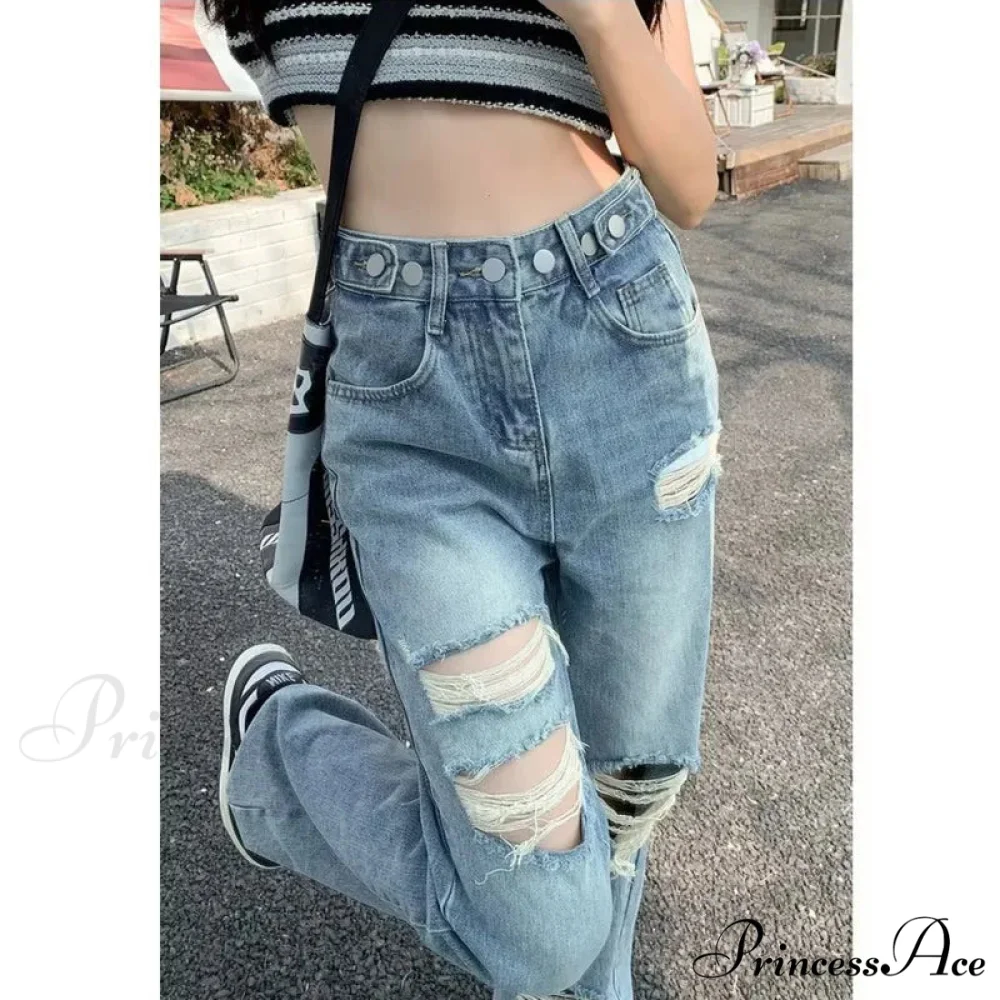 Perforated Jean Pear-Shaped Figure High Waist Straight Tube Loose Fitting Wide Leg Pants Small Stature Thin Summer Style Jean - Image 2