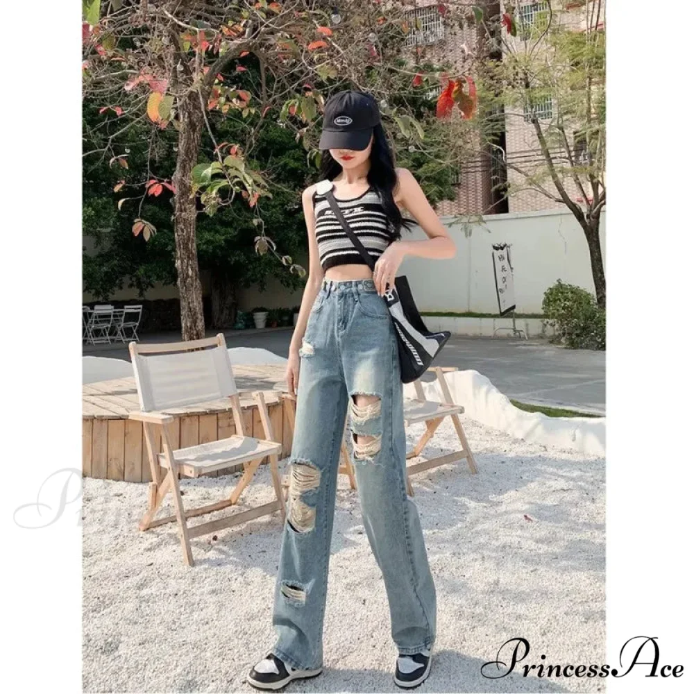 Perforated Jean Pear-Shaped Figure High Waist Straight Tube Loose Fitting Wide Leg Pants Small Stature Thin Summer Style Jean - Image 4