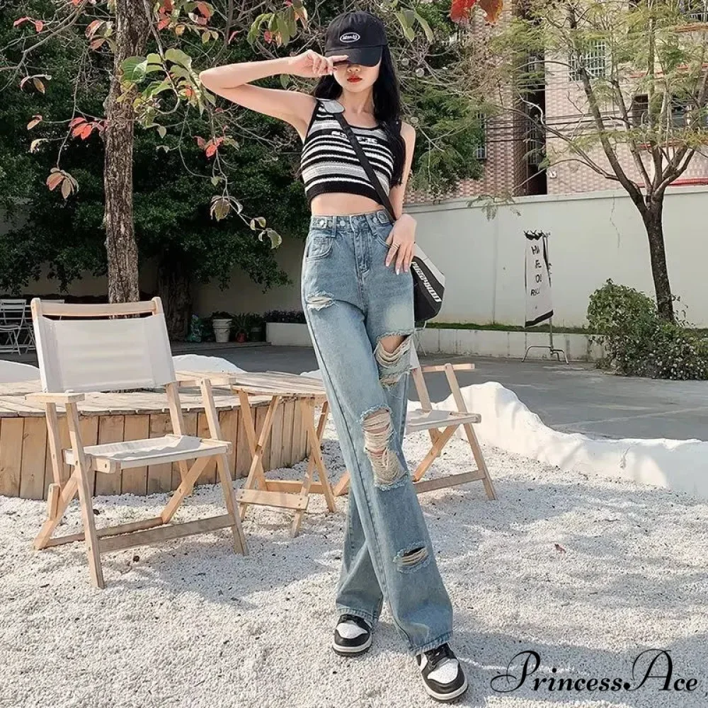Perforated Jean Pear-Shaped Figure High Waist Straight Tube Loose Fitting Wide Leg Pants Small Stature Thin Summer Style Jean - Image 5