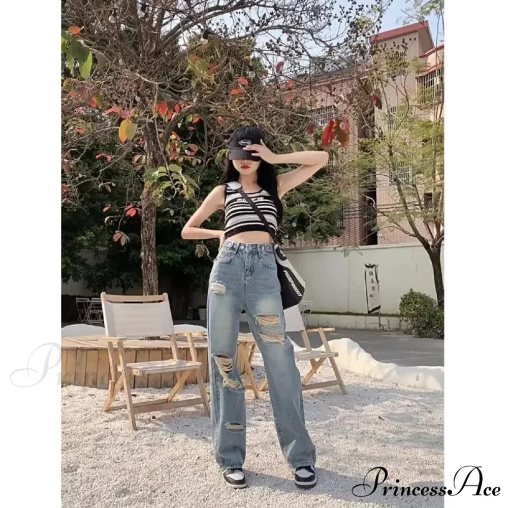 Perforated Jean Pear-Shaped Figure High Waist Straight Tube Loose Fitting Wide Leg Pants Small Stature Thin Summer Style Jean - Image 6