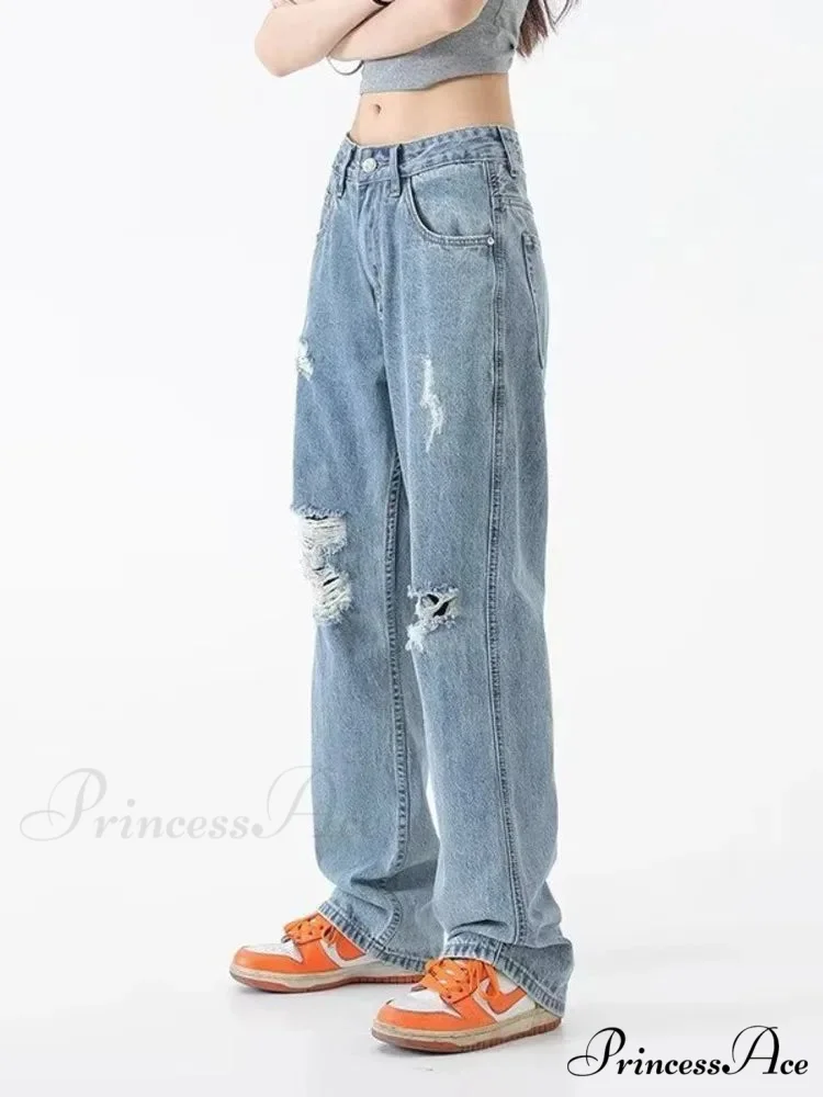 Perforated Jean Summer Thin High Street Trendy Brand Handsome And Loose Fitting Straight Casual Sports Pants Women's Jean - Image 2