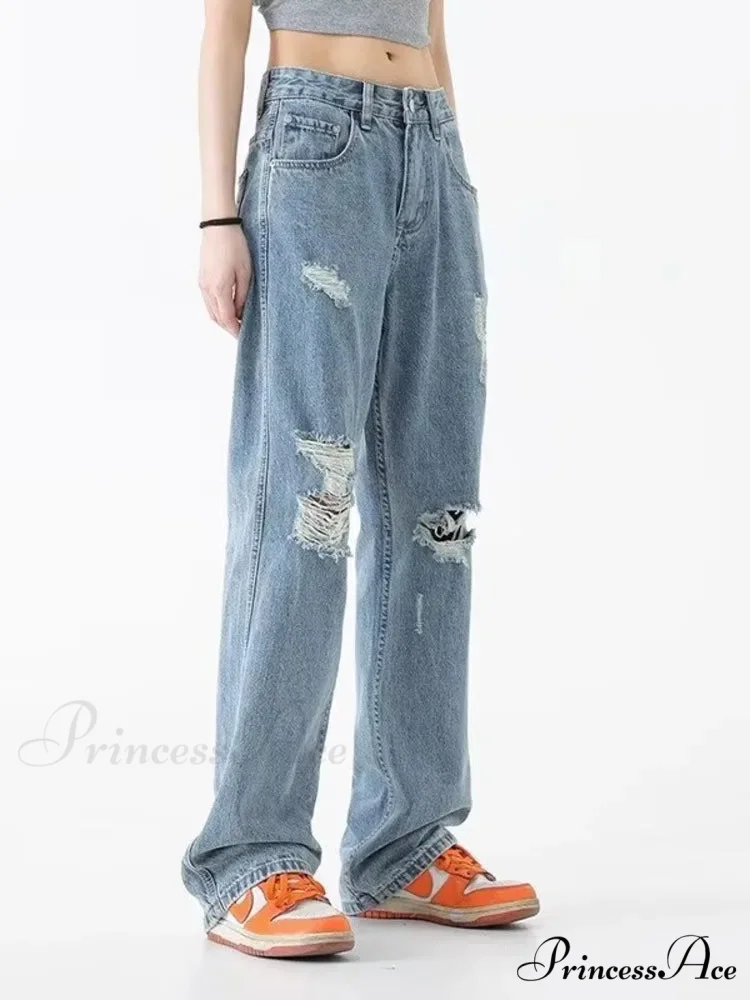 Perforated Jean Summer Thin High Street Trendy Brand Handsome And Loose Fitting Straight Casual Sports Pants Women's Jean - Image 3