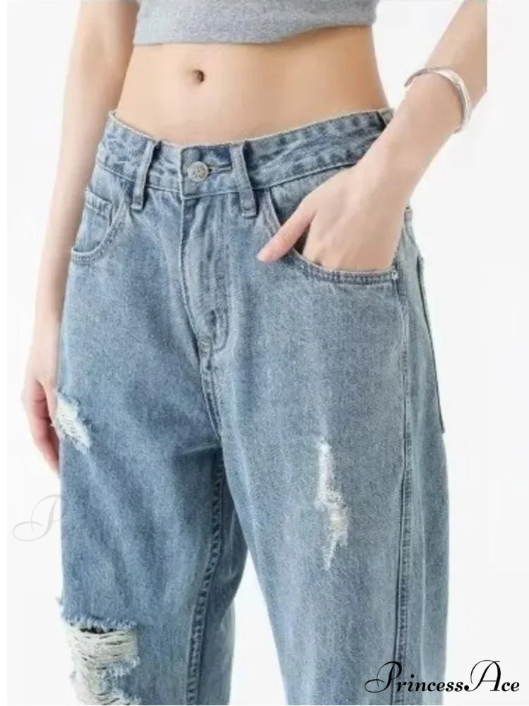 Perforated Jean Summer Thin High Street Trendy Brand Handsome And Loose Fitting Straight Casual Sports Pants Women's Jean - Image 5