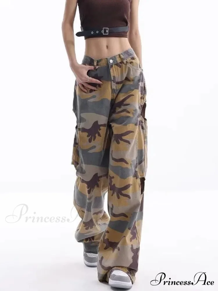 Loose Splashed Ink Speaker Camouflage Pants Trendy Hip-Hop Vintage Versatile Work Clothes Pants Wide Leg Pants Women's Jean - Image 2