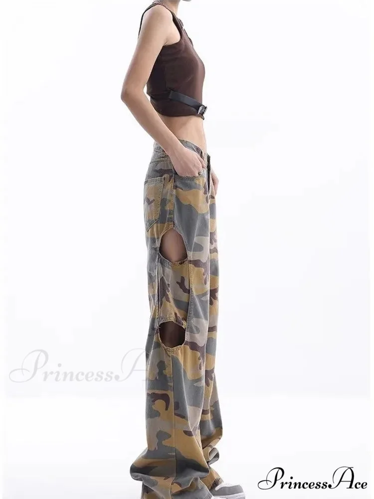 Loose Splashed Ink Speaker Camouflage Pants Trendy Hip-Hop Vintage Versatile Work Clothes Pants Wide Leg Pants Women's Jean - Image 4