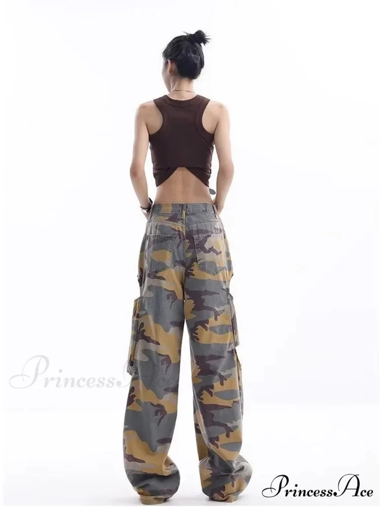 Loose Splashed Ink Speaker Camouflage Pants Trendy Hip-Hop Vintage Versatile Work Clothes Pants Wide Leg Pants Women's Jean - Image 6