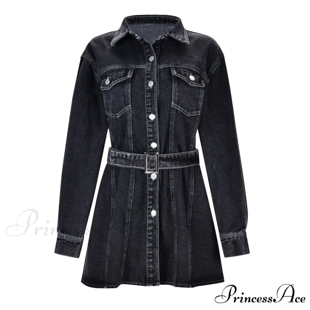 Fashionable Slim Mid-Cuff Belted Denim Office Spring Casual Long-Sleeve Women's Dress - Image 4
