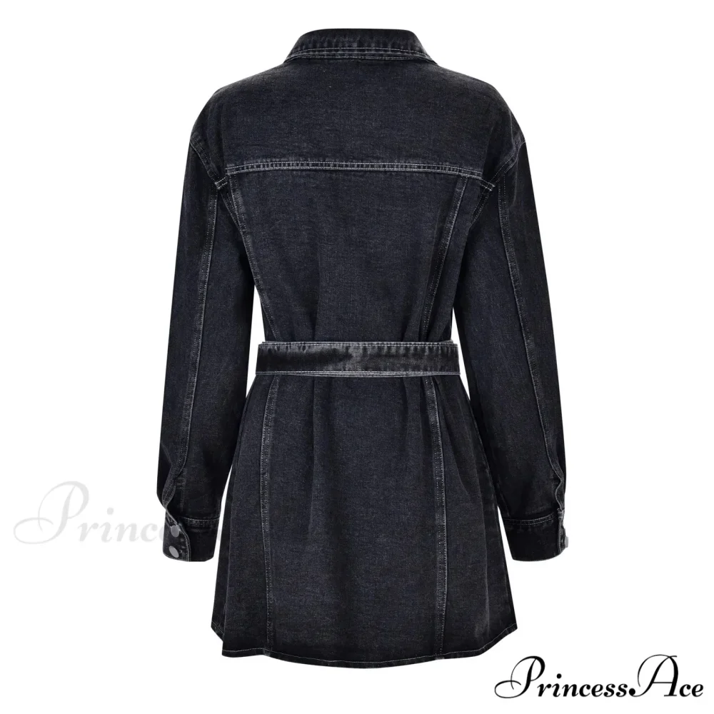 Fashionable Slim Mid-Cuff Belted Denim Office Spring Casual Long-Sleeve Women's Dress - Image 5