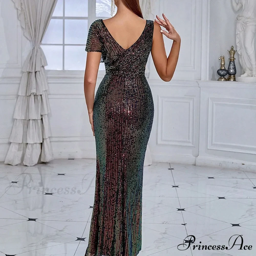 Elegant Sequined One-Shoulder Ruffled Side-Split Draped Evening Prom Maxi Dress - Image 2
