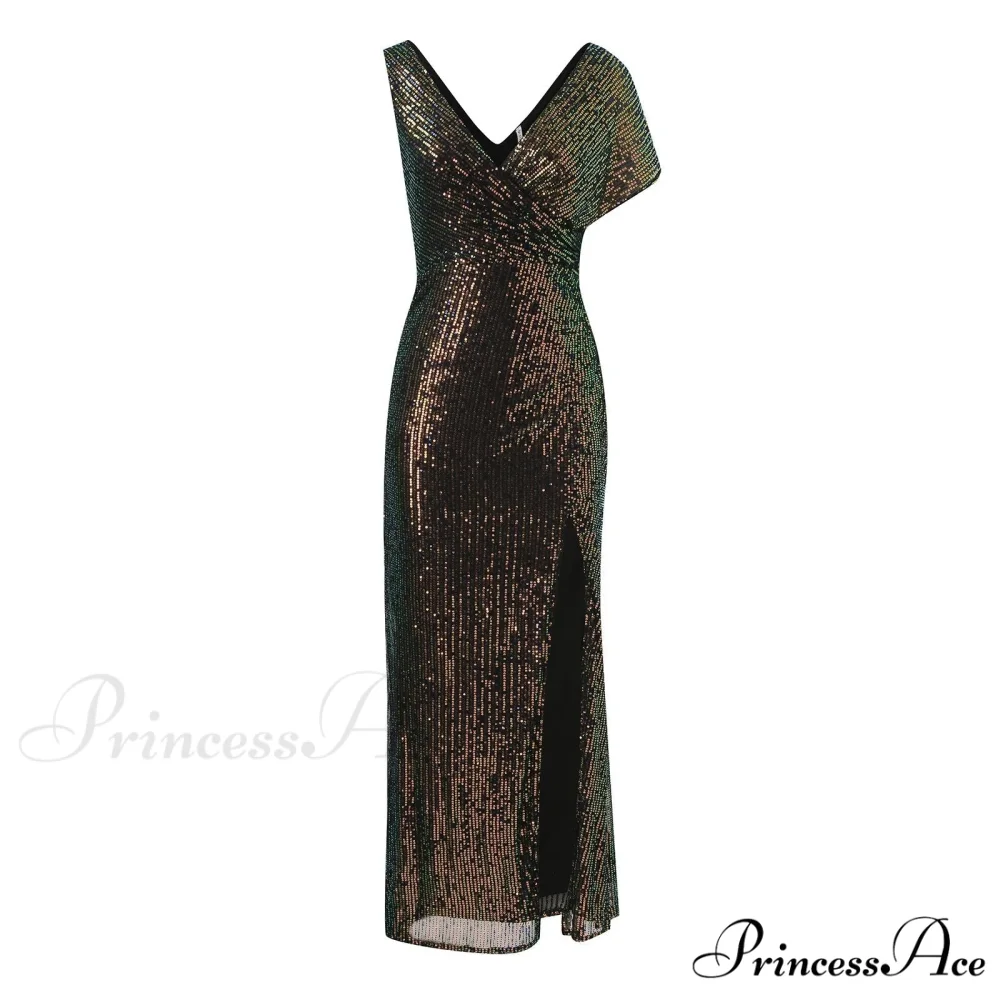 Elegant Sequined One-Shoulder Ruffled Side-Split Draped Evening Prom Maxi Dress - Image 3