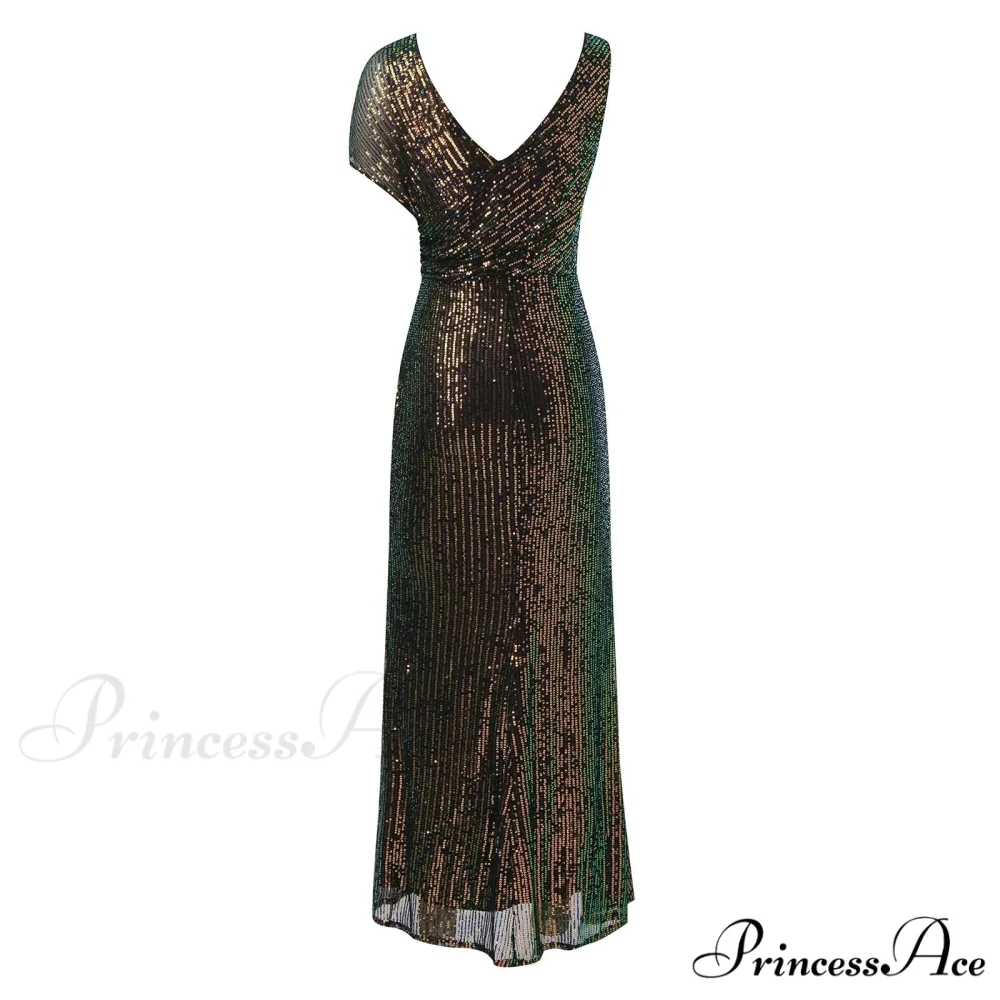 Elegant Sequined One-Shoulder Ruffled Side-Split Draped Evening Prom Maxi Dress - Image 4
