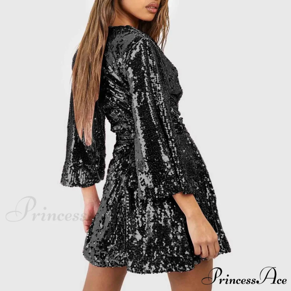 Sequin V Neck Gold Party Evening Long Ball Sexy Gown Women Prom Bridesmaid Elegant High Waist Dress - Image 4