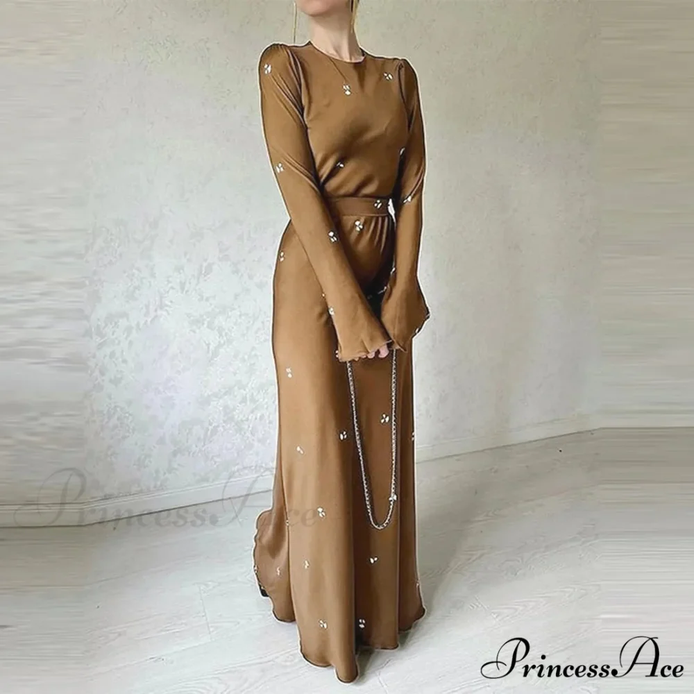 Spring Autumn Elegant Floral Printed Puff Sleeve Nipped Waist Slim Fit Round Neck Maxi Streetwear Dress - Image 2