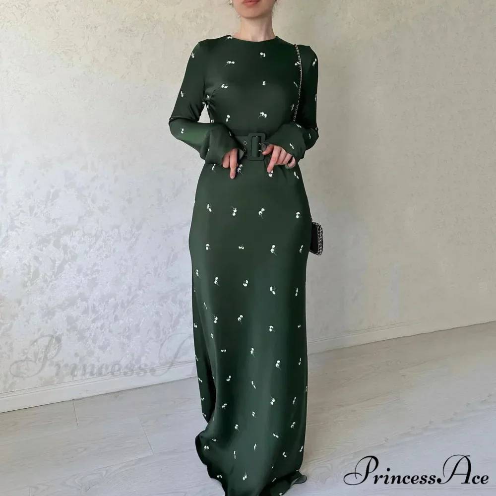 Spring Autumn Elegant Floral Printed Puff Sleeve Nipped Waist Slim Fit Round Neck Maxi Streetwear Dress - Image 3