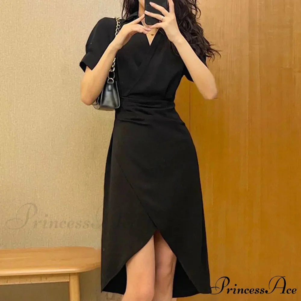 Elegant Solid Slim Korean Style Streetwear Midi Short Sleeve Lapel Casual Cozy Summer Fashion 2024 Dress - Image 3