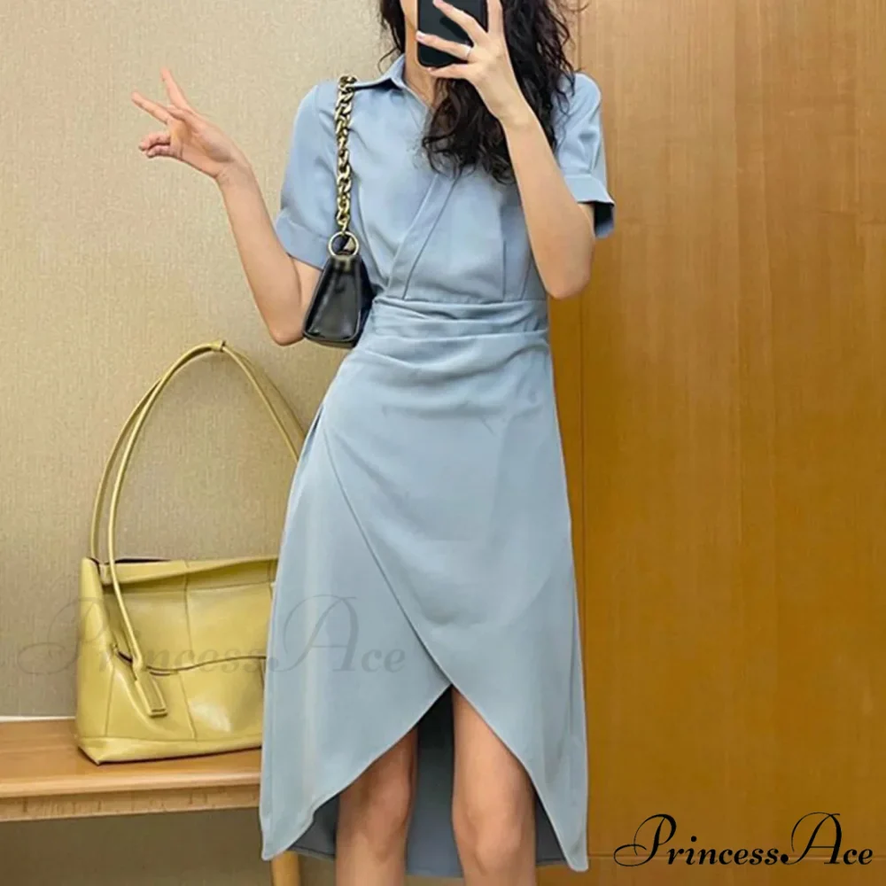 Elegant Solid Slim Korean Style Streetwear Midi Short Sleeve Lapel Casual Cozy Summer Fashion 2024 Dress - Image 4