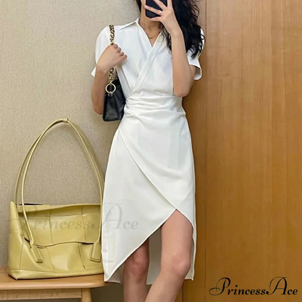 Elegant Solid Slim Korean Style Streetwear Midi Short Sleeve Lapel Casual Cozy Summer Fashion 2024 Dress - Image 5